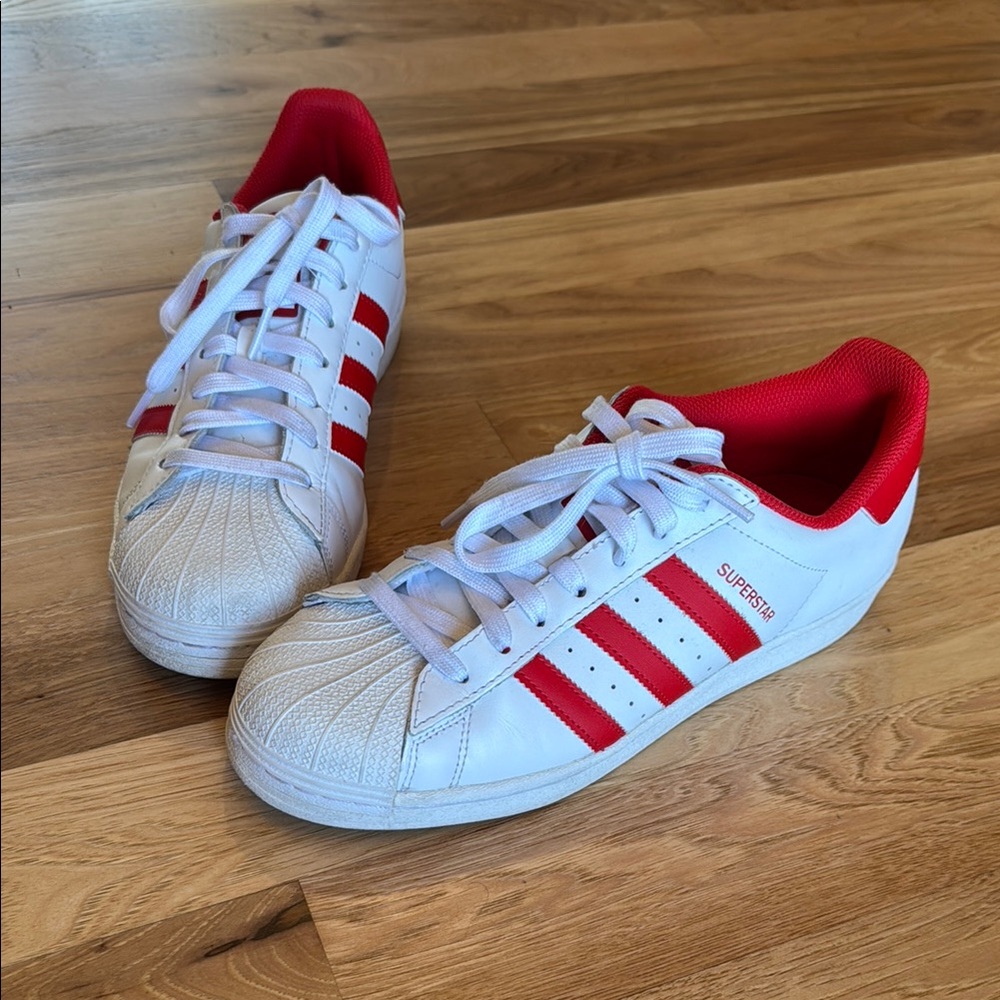 Adidas White and Red Superstar Sneakers